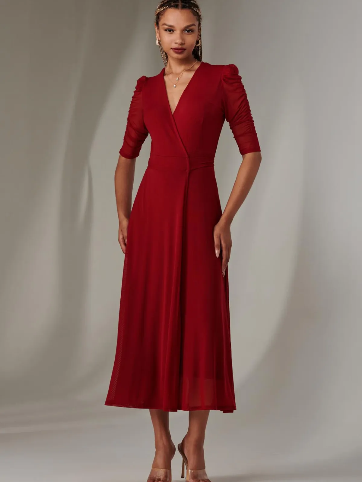 Jolie Moi Occasion Dresses|Wrap Dresses-Zeena Plain Wrap Mesh Maxi Dress, Wine