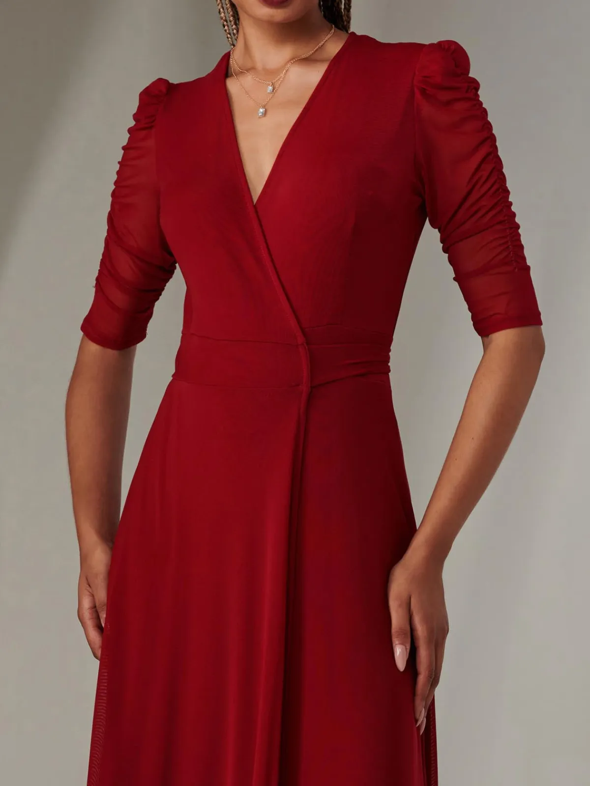 Jolie Moi Occasion Dresses|Wrap Dresses-Zeena Plain Wrap Mesh Maxi Dress, Wine