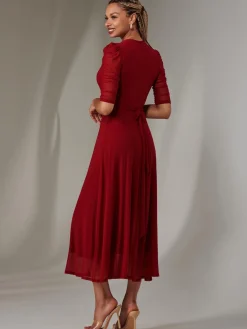 Jolie Moi Occasion Dresses|Wrap Dresses-Zeena Plain Wrap Mesh Maxi Dress, Wine