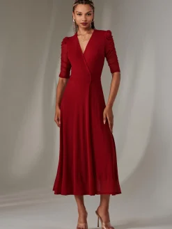 Jolie Moi Occasion Dresses|Wrap Dresses-Zeena Plain Wrap Mesh Maxi Dress, Wine