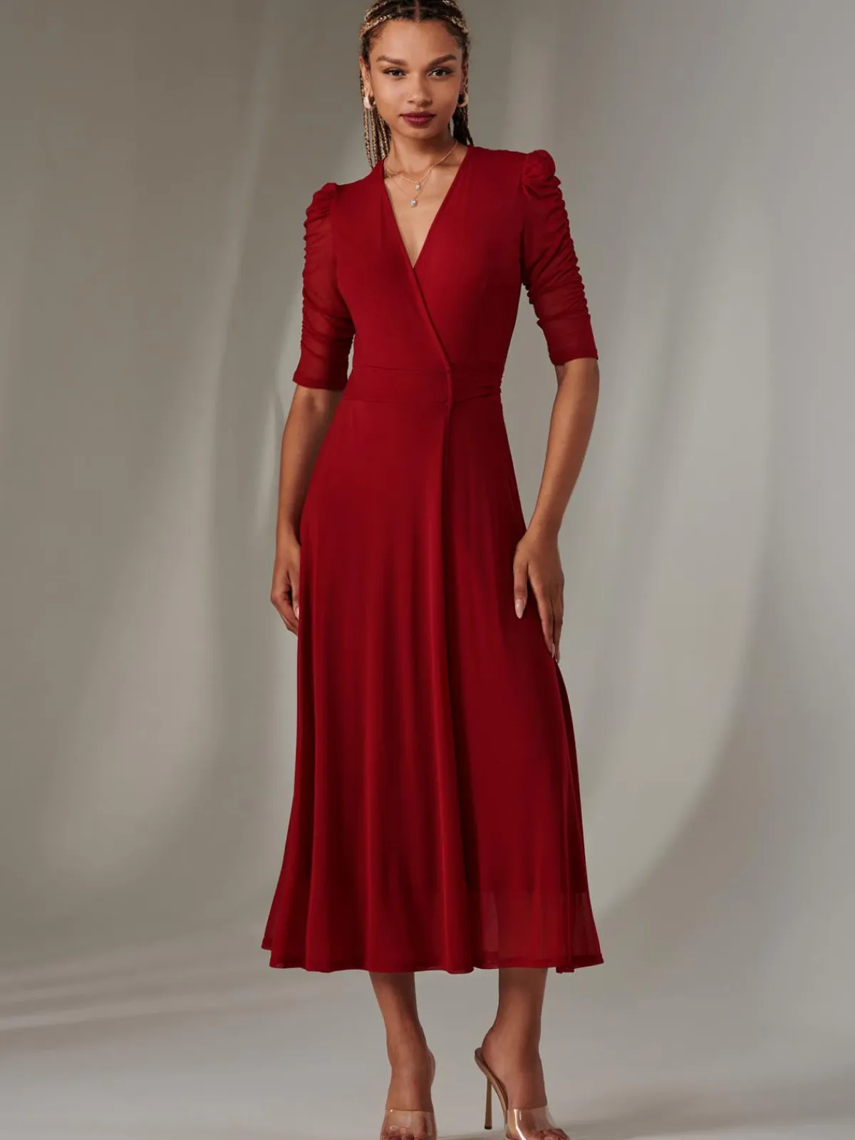 Jolie Moi Occasion Dresses|Wrap Dresses-Zeena Plain Wrap Mesh Maxi Dress, Wine