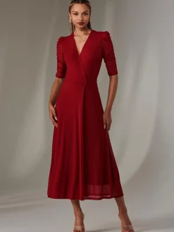 Jolie Moi Occasion Dresses|Wrap Dresses-Zeena Plain Wrap Mesh Maxi Dress, Wine