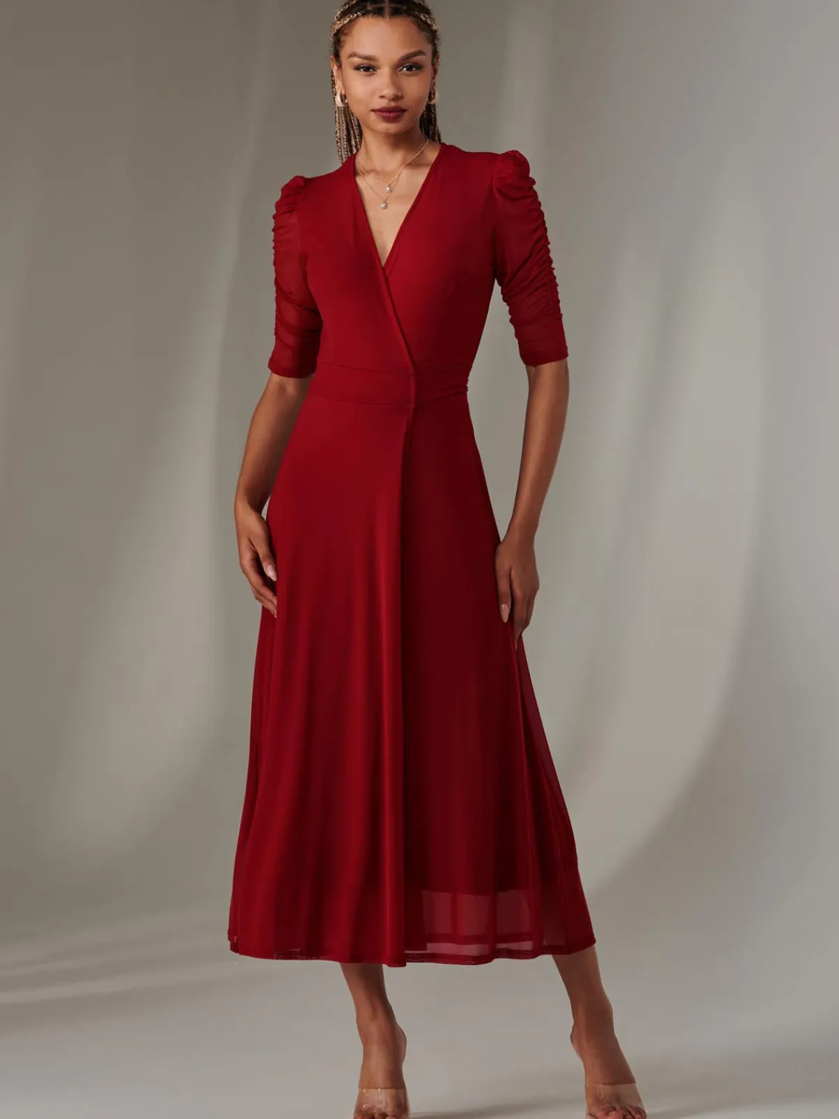 Jolie Moi Occasion Dresses|Wrap Dresses-Zeena Plain Wrap Mesh Maxi Dress, Wine
