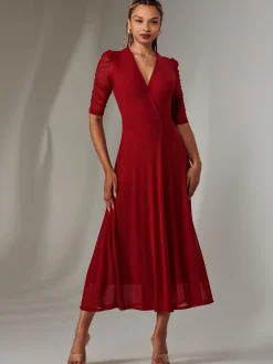 Jolie Moi Occasion Dresses|Wrap Dresses-Zeena Plain Wrap Mesh Maxi Dress, Wine