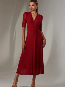 Jolie Moi Occasion Dresses|Wrap Dresses-Zeena Plain Wrap Mesh Maxi Dress, Wine