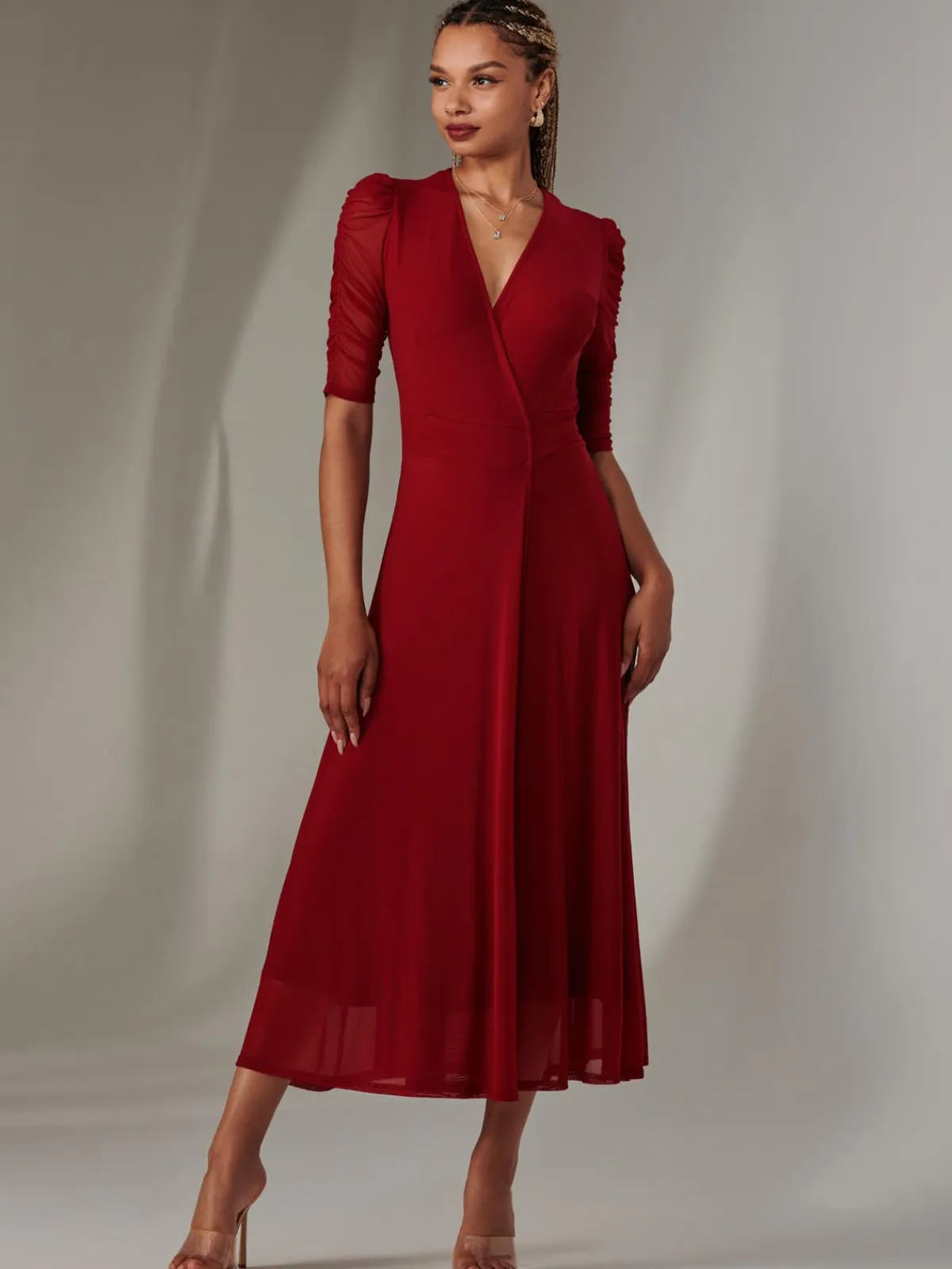 Jolie Moi Occasion Dresses|Wrap Dresses-Zeena Plain Wrap Mesh Maxi Dress, Wine